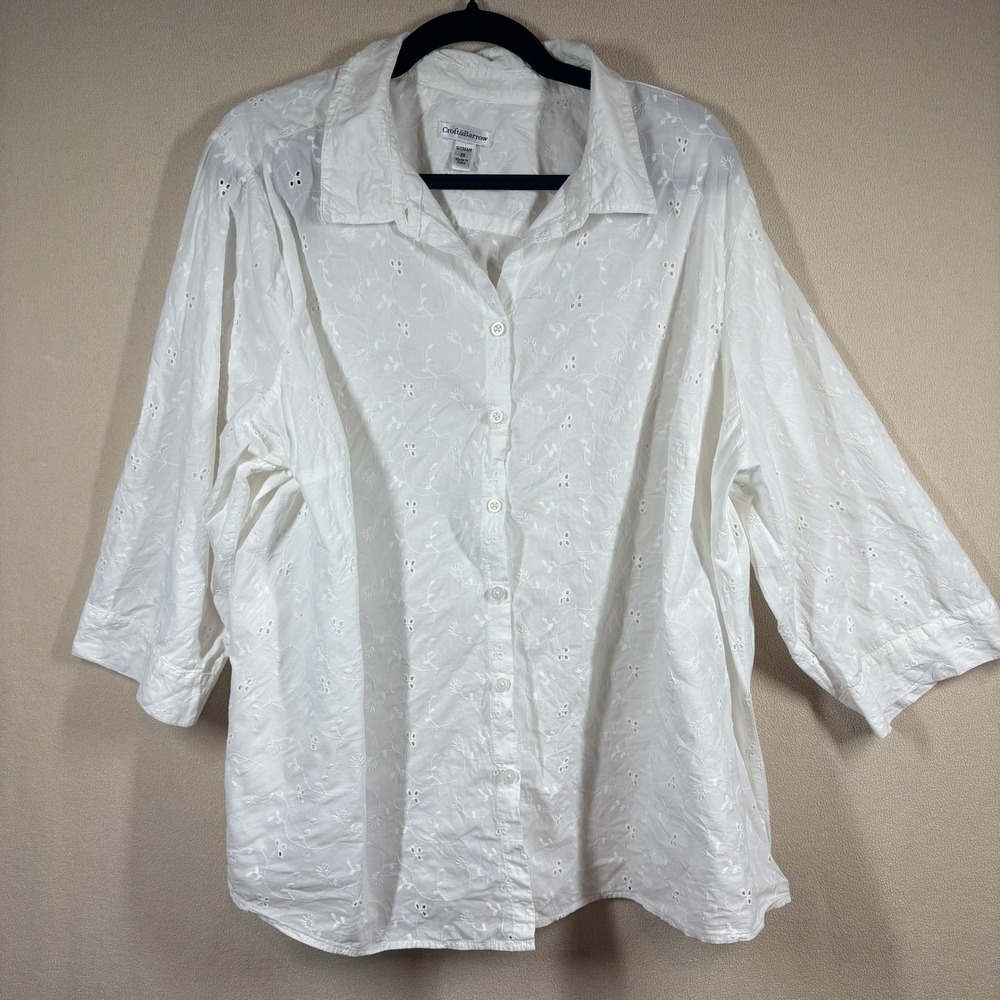 Croft & Barrow Floral Eyelet Button Down Shirt 3X White Roll Tab Cottagecore